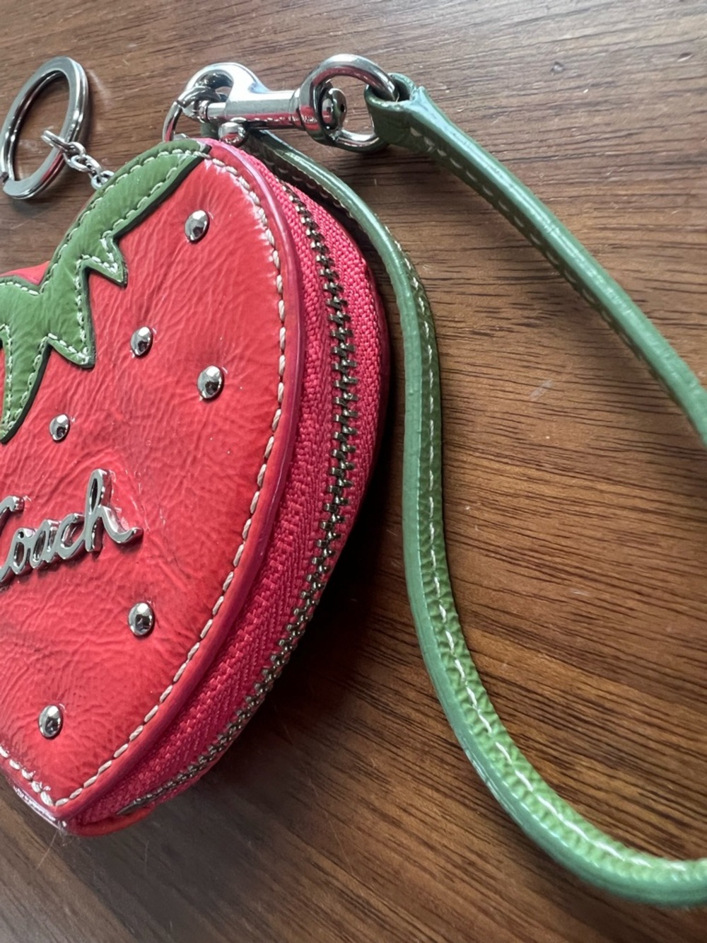 Coach Strawberry Heart Wristlet - Red & Green Key Chain Coin Purse - Picture 3 of 8